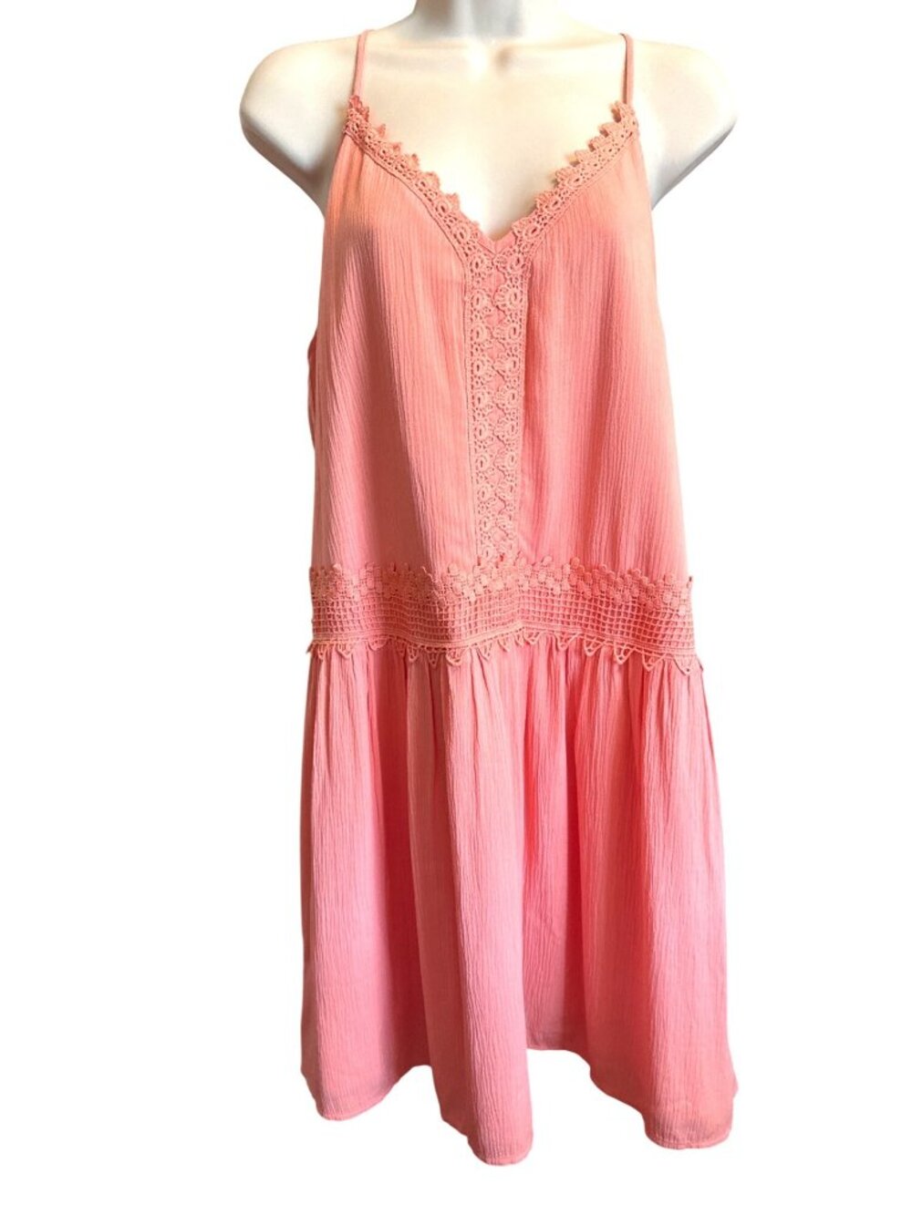 Lauren Conrad Dress M Peach Crochet Lace Trim Drop Waist Boho Mini Sundress